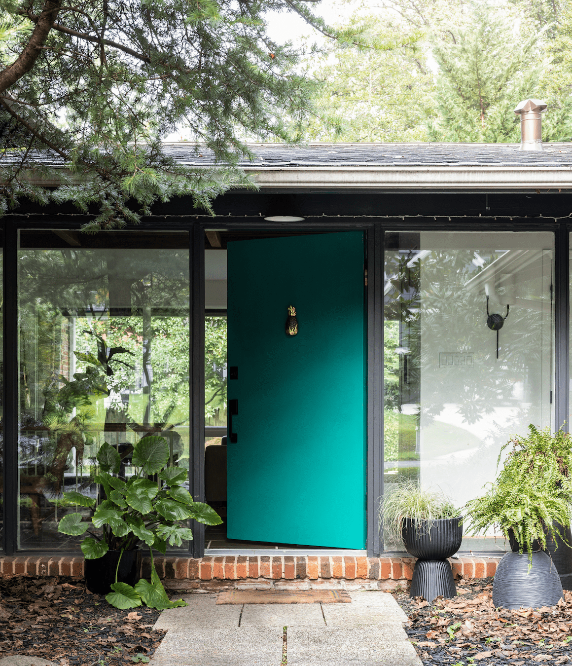 mid-century hem med blå dörr