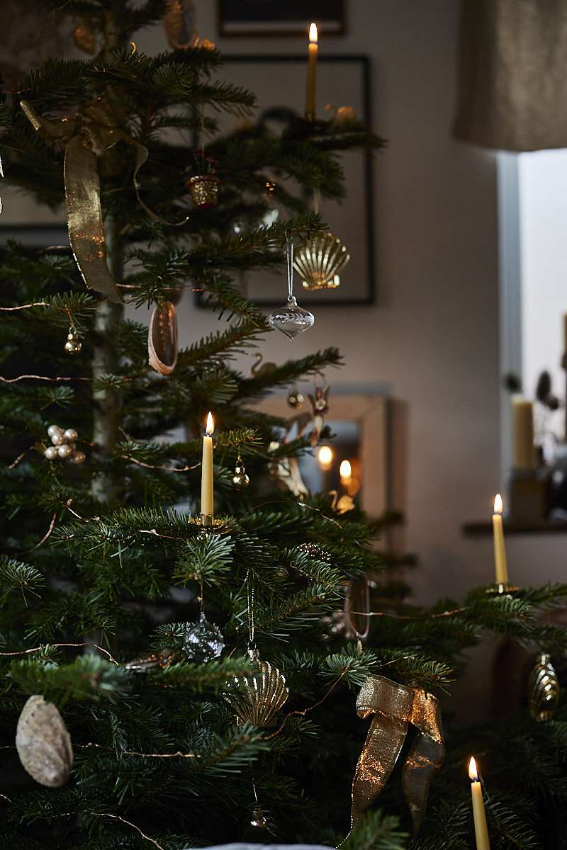 julgran tänd med äkta stearinljus