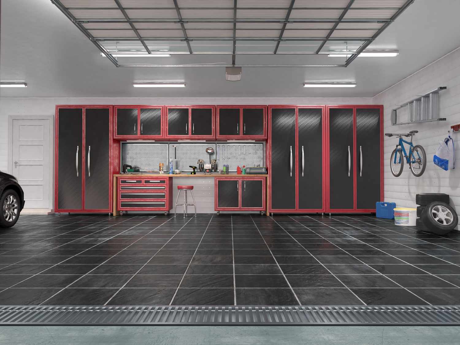 Garage med rullport interiör. 3d-illustration
