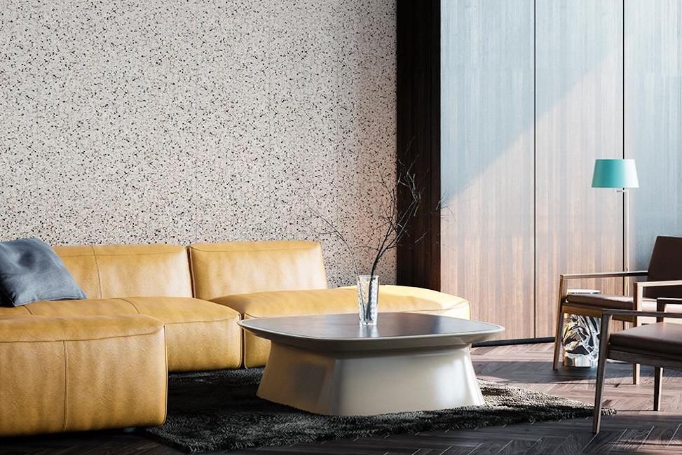 vardagsrum med terrazzo väggpanel