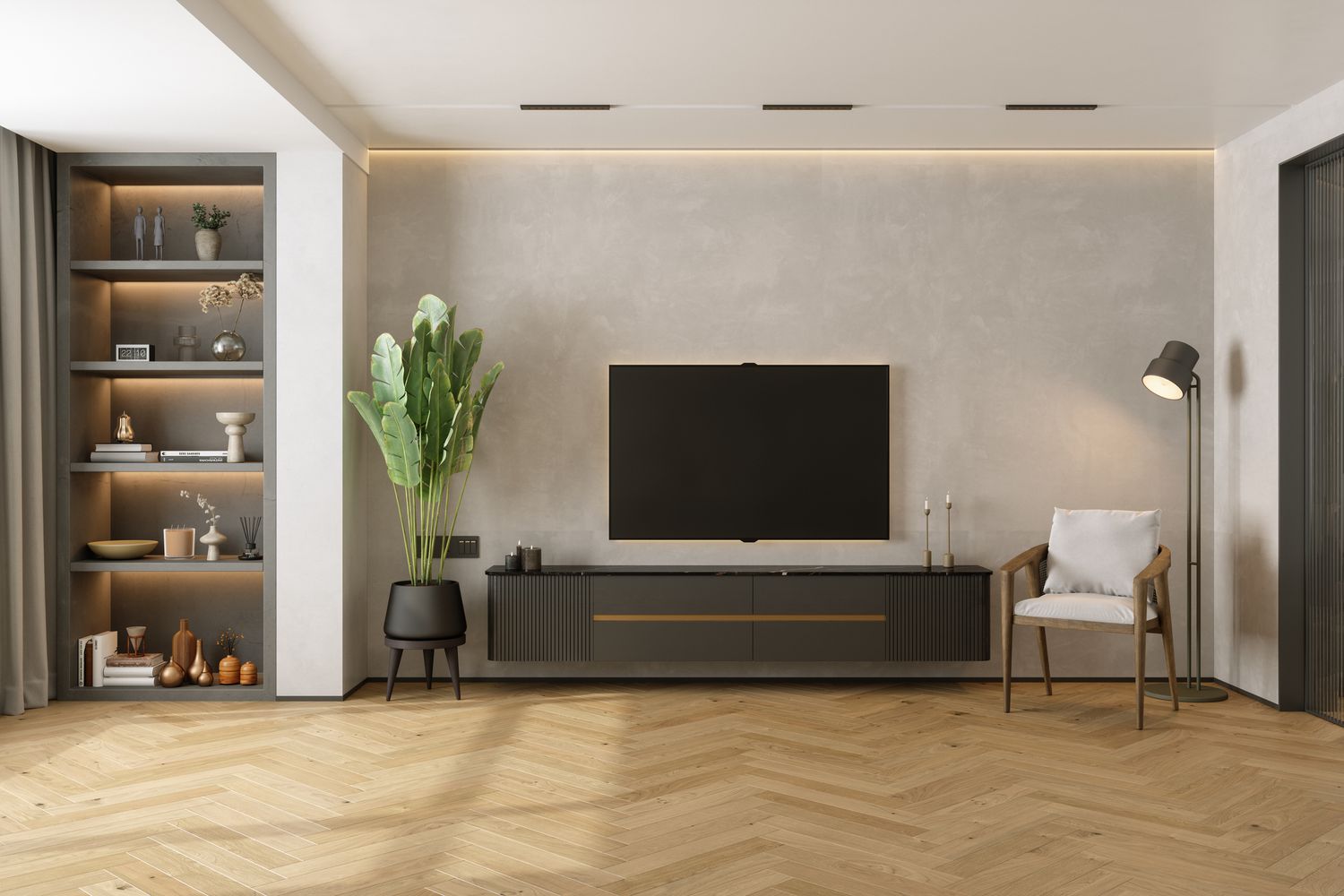 Living Room Interior With Lcd Tv Set, Potted Plant, Armchair And Decorations