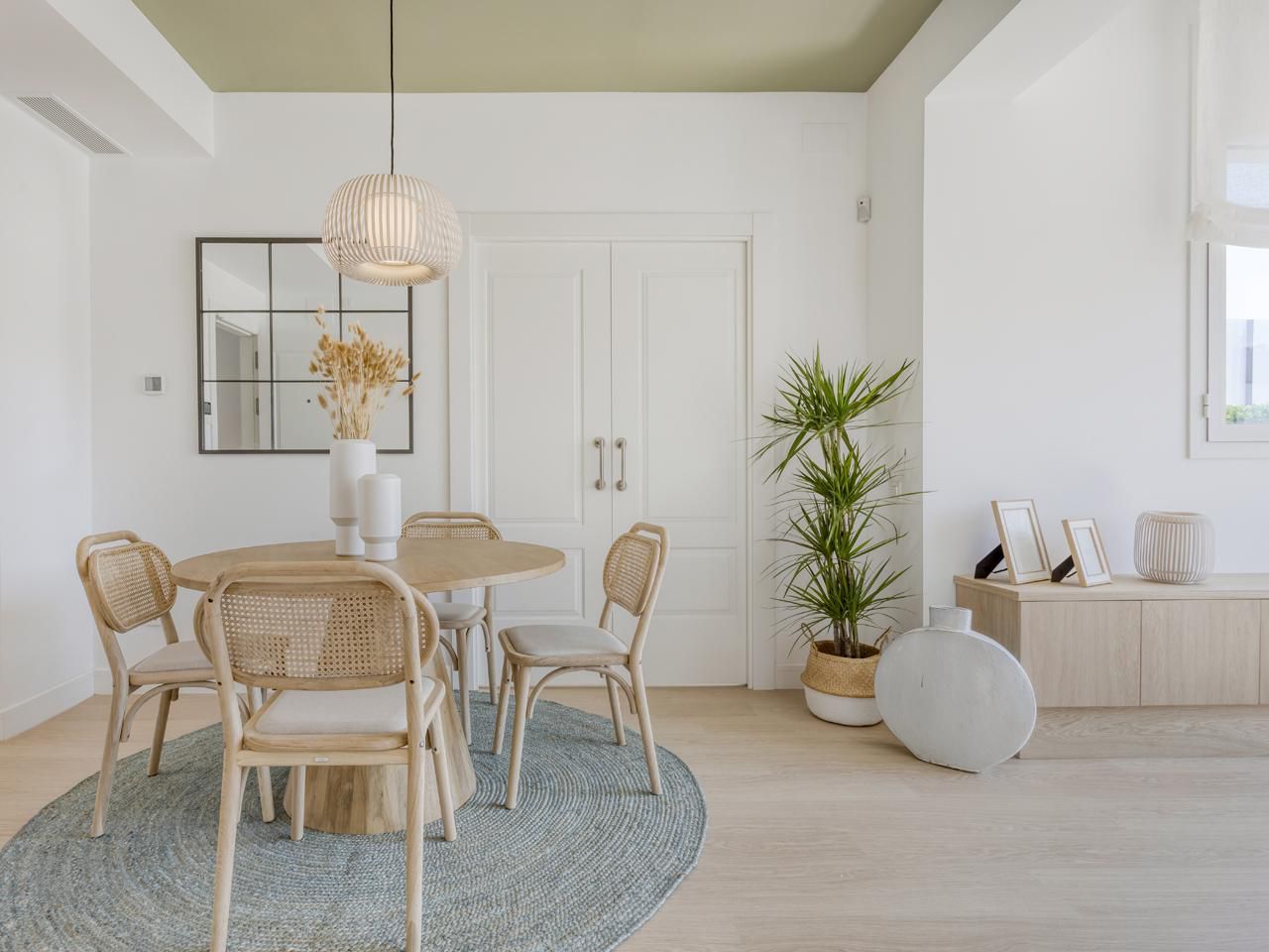 sage green painted ceiling in japandi living room