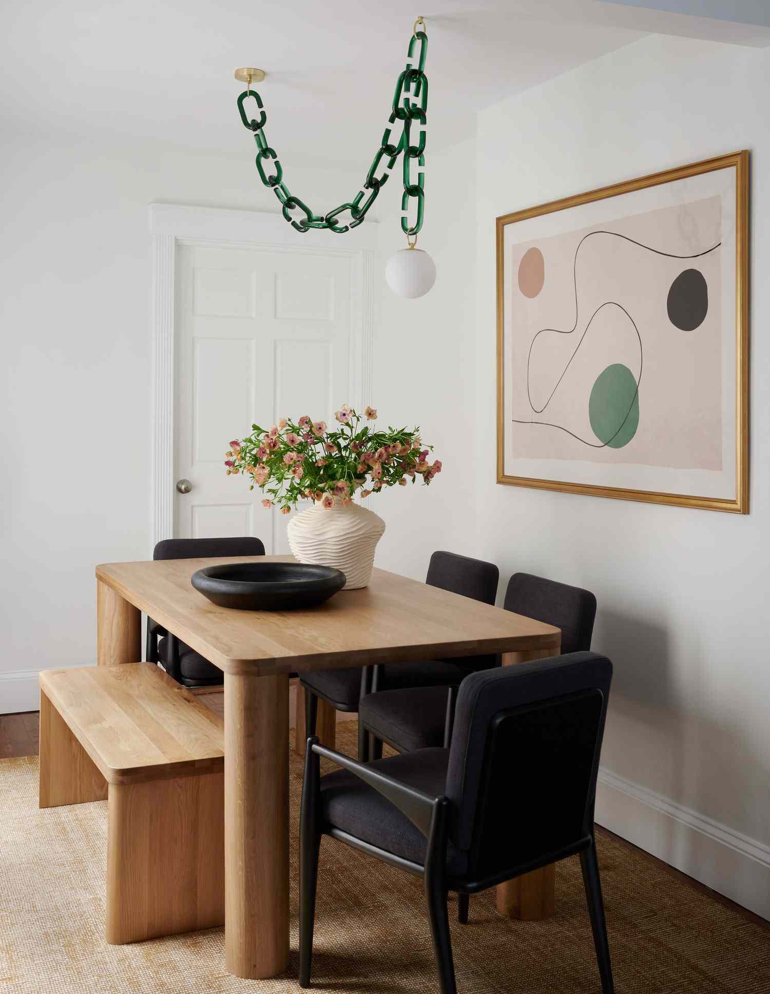 wooden bench seat in small dining room