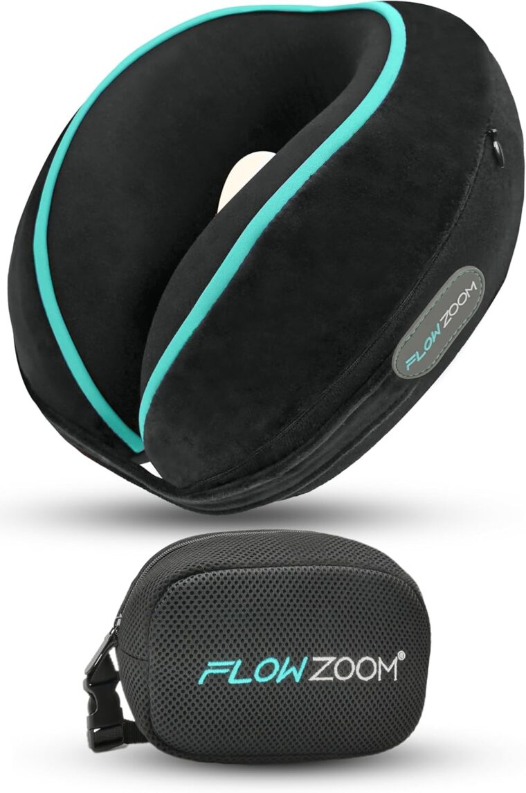 FLOWZOOM DREAM Memory Foam Resekudde med 360° huvud- och nackstöd för att lindra nackspänningar, lätt och kompakt, med andningsbart, tvättbart örngott – Perfekt för flygplan, bilar och tåg – Svart