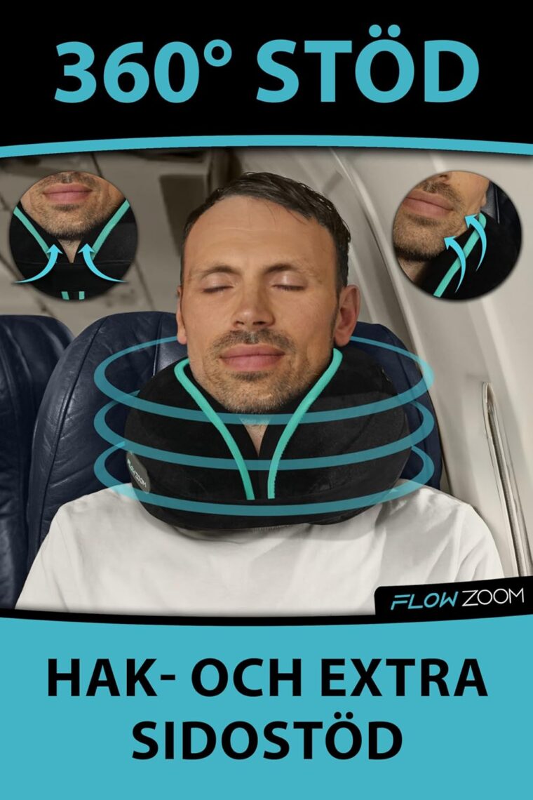 FLOWZOOM DREAM Memory Foam Resekudde med 360° huvud- och nackstöd för att lindra nackspänningar, lätt och kompakt, med andningsbart, tvättbart örngott – Perfekt för flygplan, bilar och tåg – Svart - Bild 2