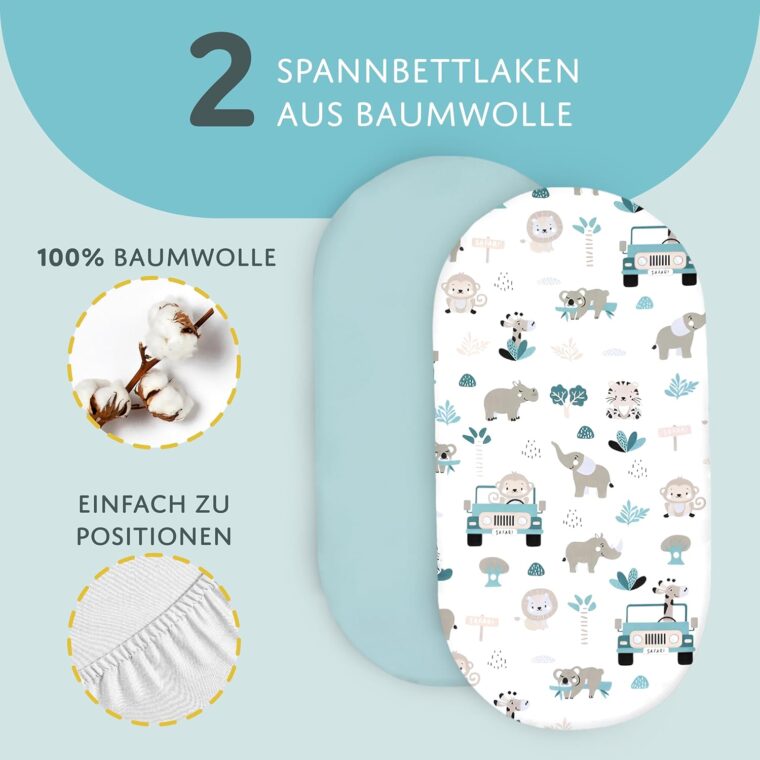 Barnvagnslakan barn resårslakan 3-pack: Set om 3: 75 x 35 cm- 2x lakan + 1x vattentätt madrasskydd - Spjälsängstillbehör för barnsäng, sidovagn babysäng Afrika och salvia färg - Bild 4