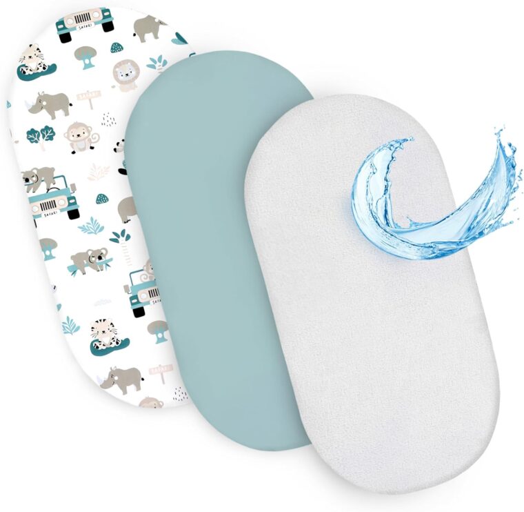 Barnvagnslakan barn resårslakan 3-pack: Set om 3: 75 x 35 cm- 2x lakan + 1x vattentätt madrasskydd - Spjälsängstillbehör för barnsäng, sidovagn babysäng Afrika och salvia färg