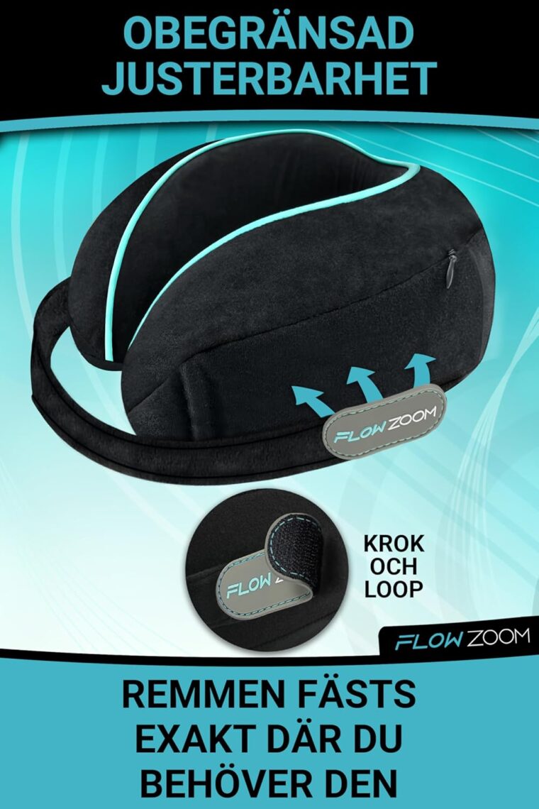 FLOWZOOM DREAM Memory Foam Resekudde med 360° huvud- och nackstöd för att lindra nackspänningar, lätt och kompakt, med andningsbart, tvättbart örngott – Perfekt för flygplan, bilar och tåg – Svart - Bild 3