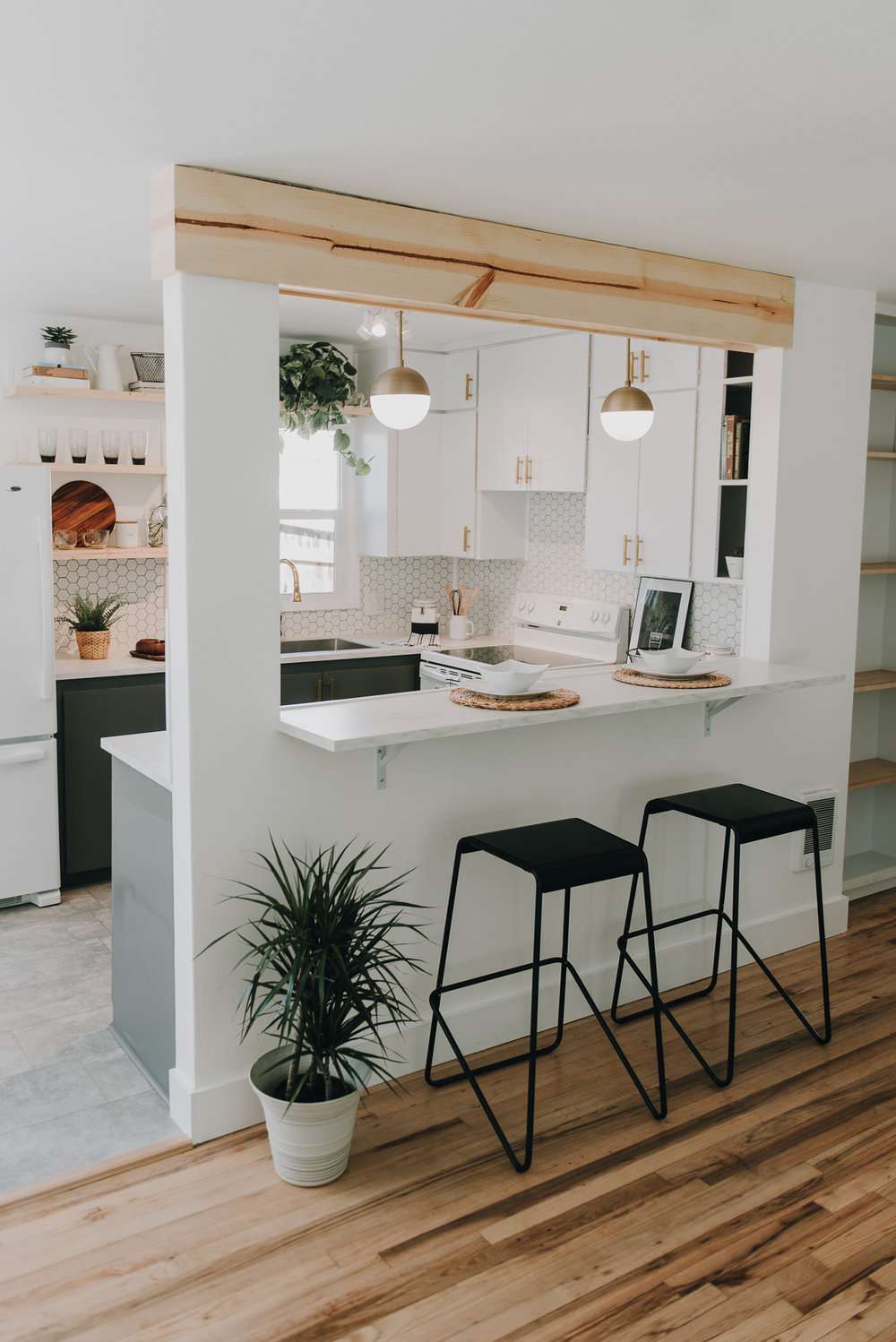 kitchen with pass-through bar counter