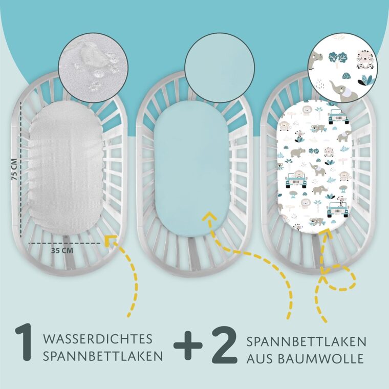 Barnvagnslakan barn resårslakan 3-pack: Set om 3: 75 x 35 cm- 2x lakan + 1x vattentätt madrasskydd - Spjälsängstillbehör för barnsäng, sidovagn babysäng Afrika och salvia färg - Bild 2