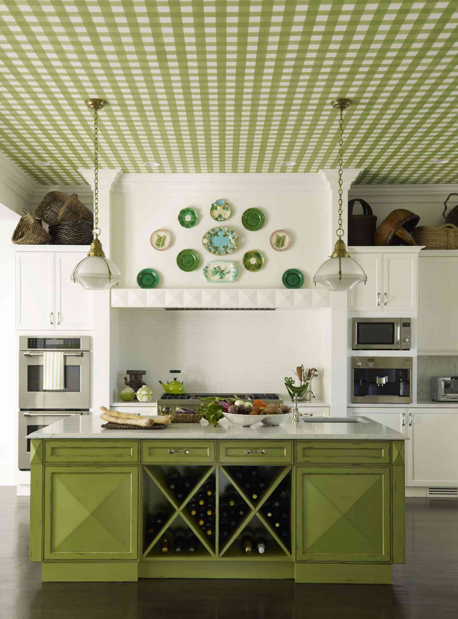 white kitchen cabinets with colorful ceiling wallpaper