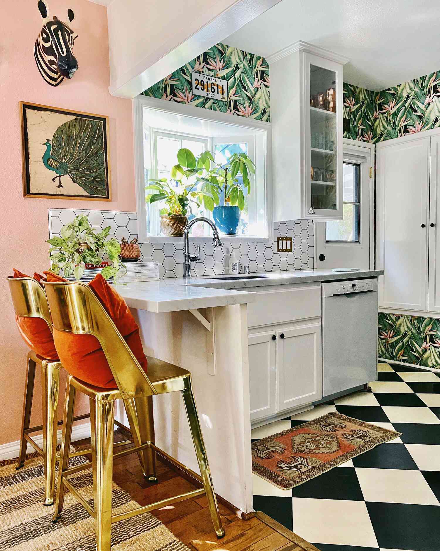 white kitchen cabinets in eclectic kitchen