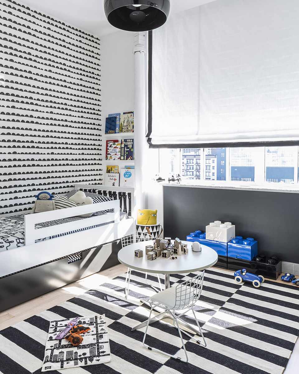 black-and-white window treatments for child's bedroom