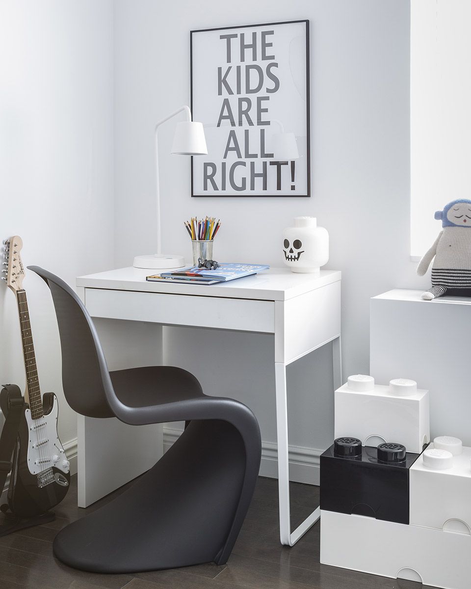 black-and-white child's room desk corner