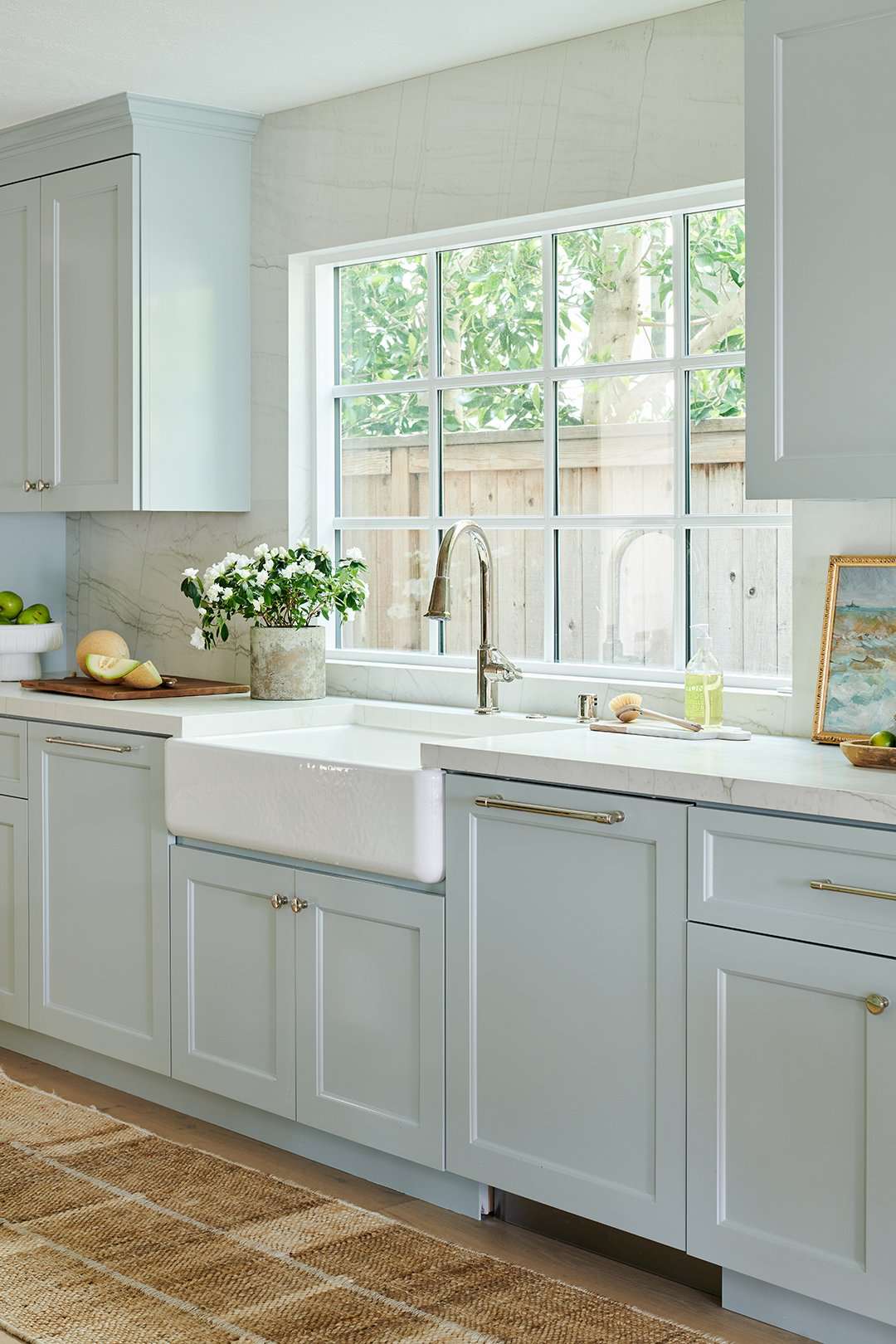 coastal farmhouse kitchen with haint cabinets