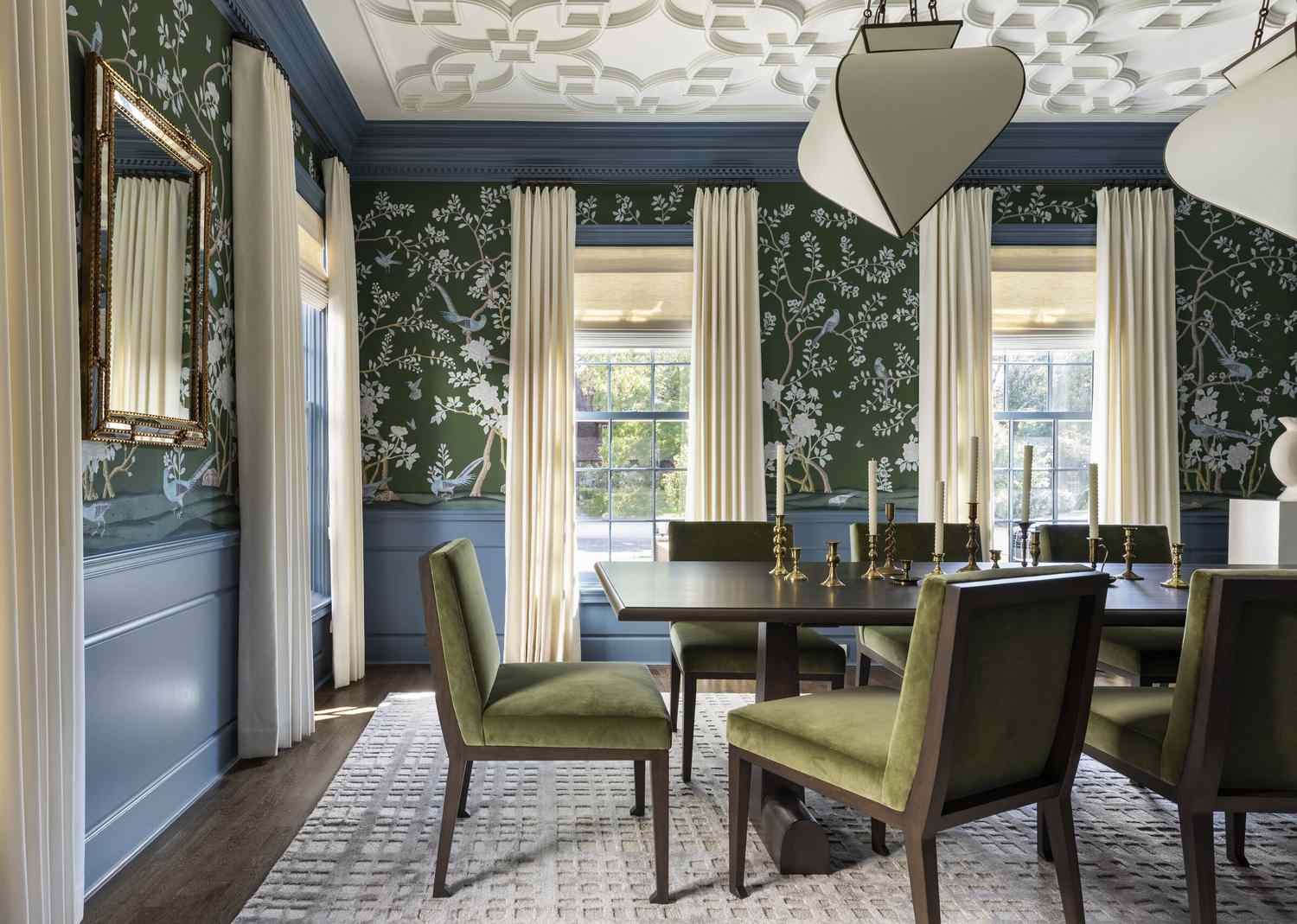 formal dining room with cream curtains