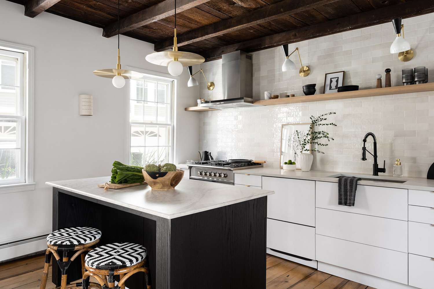 modern white kitchen base cabinets with cream tile backsplash