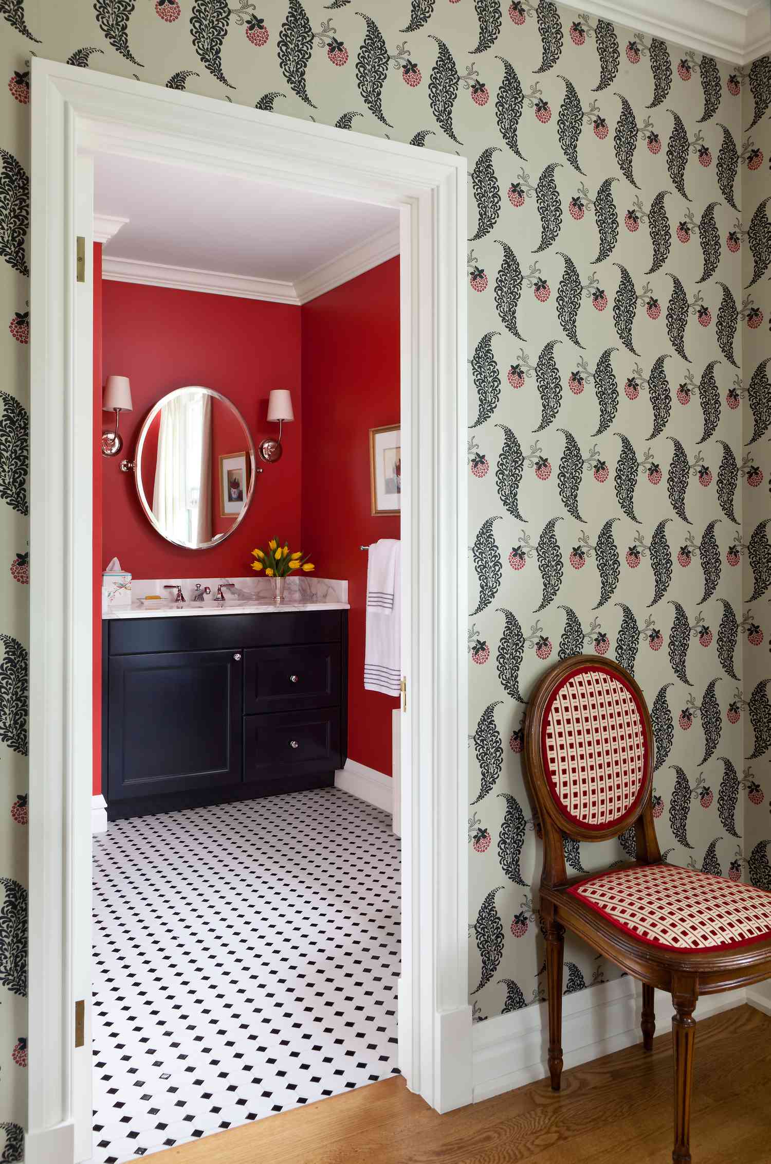 red walls with black and white tile