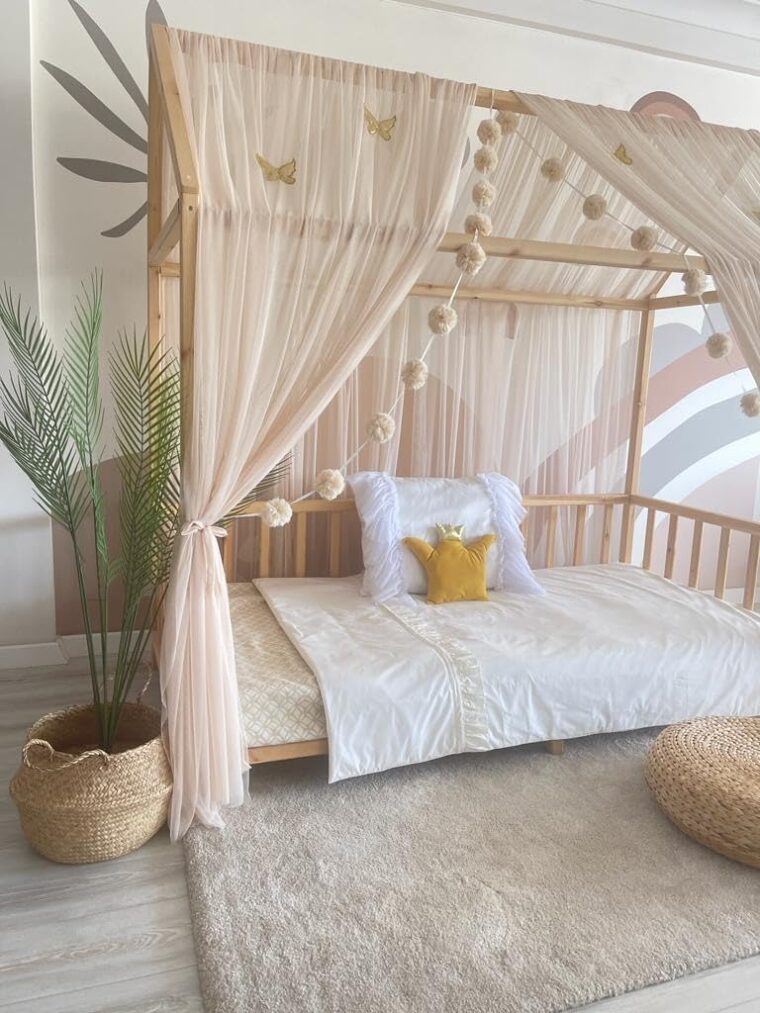 Baby Fancyroom Hussäng/himmelsäng, beige sänghimmel, dekorationsset för barnrum, barnsäng, baldakin, pompom-girlang av premiumtyll för hemmasängar, anpassbar (beige utan fjärilar, 340 cm) - Bild 4
