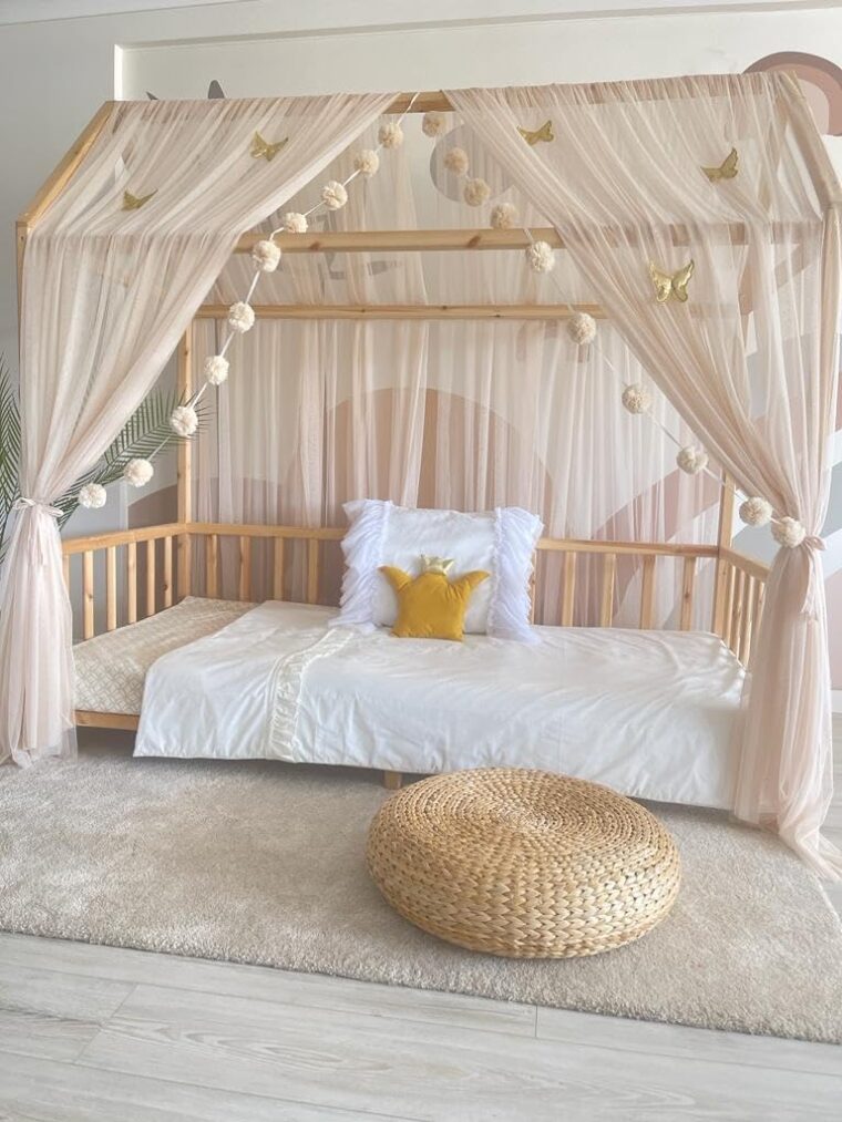 Baby Fancyroom Hussäng/himmelsäng, beige sänghimmel, dekorationsset för barnrum, barnsäng, baldakin, pompom-girlang av premiumtyll för hemmasängar, anpassbar (beige utan fjärilar, 340 cm) - Bild 5