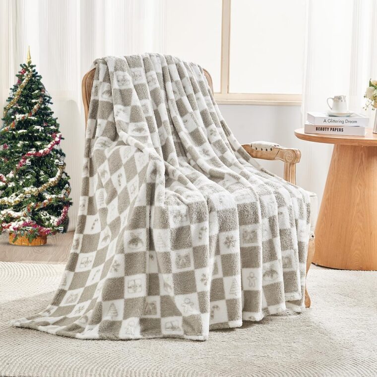 EMME rutig filt queen size – 203 cm x 228 cm grå stickad filt mjuka fluffiga mönstrade filtar för soffa, stol, säng, camping, picknick, resor
