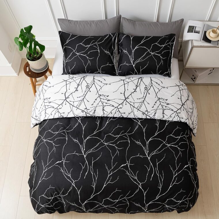 Tokokimo Nordic påslakan 135/150 – mikrofiberpåslakan 240 x 220 cm med dragkedja – och 2 örngott 50 x 75 cm – gren och bladdesign, svart/vit 2 - Bild 5