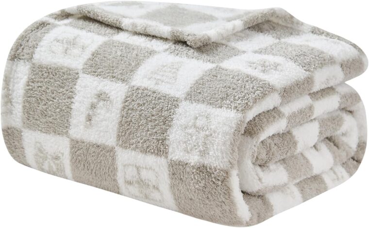 EMME rutig filt queen size – 203 cm x 228 cm grå stickad filt mjuka fluffiga mönstrade filtar för soffa, stol, säng, camping, picknick, resor - Bild 8