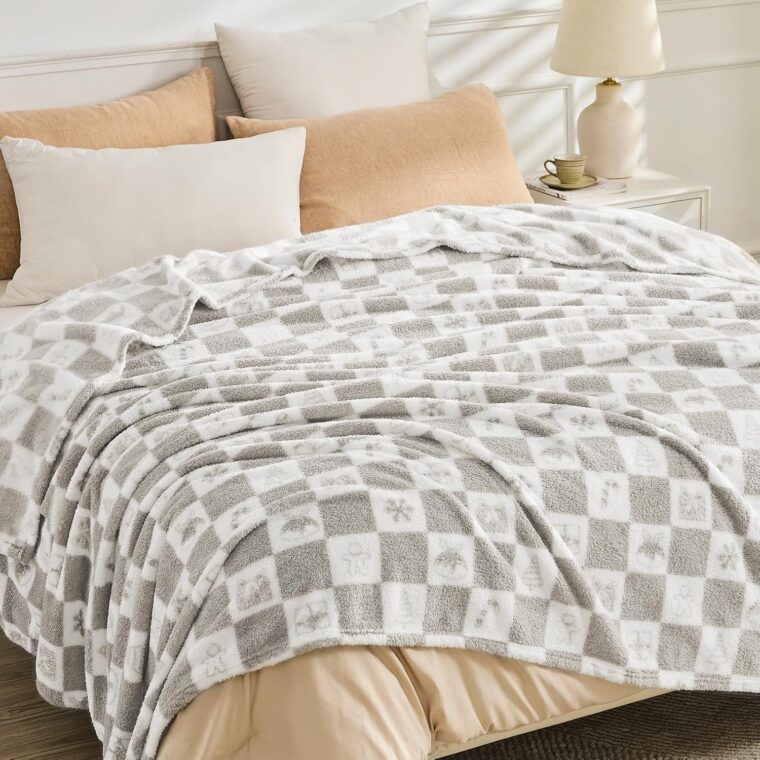 EMME rutig filt queen size – 203 cm x 228 cm grå stickad filt mjuka fluffiga mönstrade filtar för soffa, stol, säng, camping, picknick, resor - Bild 6