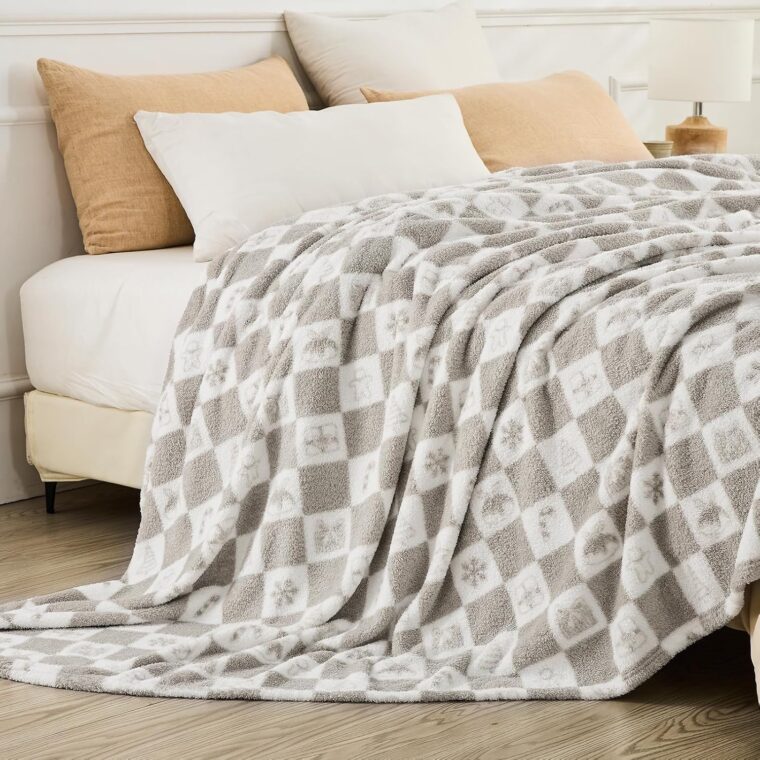 EMME rutig filt queen size – 203 cm x 228 cm grå stickad filt mjuka fluffiga mönstrade filtar för soffa, stol, säng, camping, picknick, resor - Bild 4