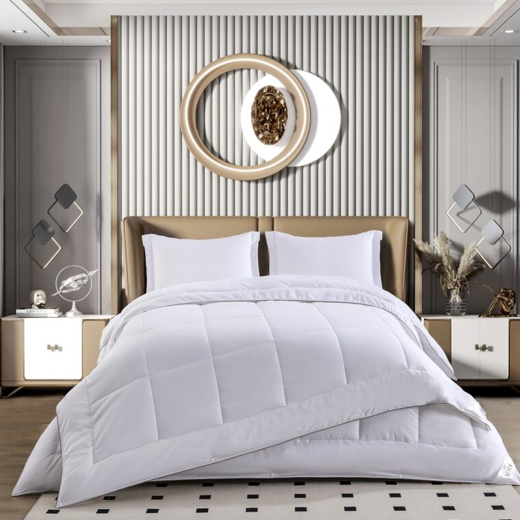 NORA HOME Nordisk fyllning 140x200 4 årstider, set med 2 täcken 3D-fiber touch duntäcke 3 i 1 (125 + 250 = 375 gr/m²). Termisk nivå upp till 4,5/5. Dubbelsydd och broderad finish anti-kvalster - Duo