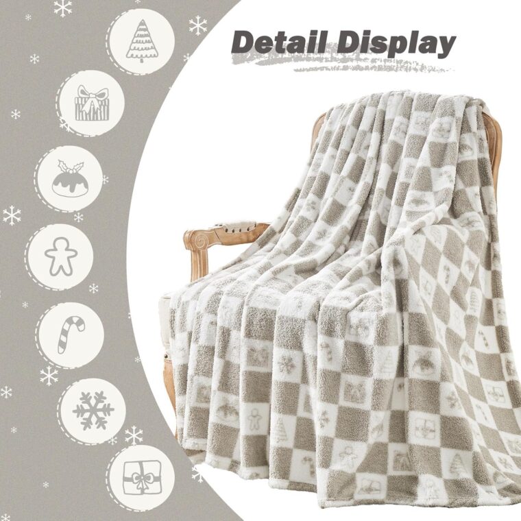 EMME rutig filt queen size – 203 cm x 228 cm grå stickad filt mjuka fluffiga mönstrade filtar för soffa, stol, säng, camping, picknick, resor - Bild 2