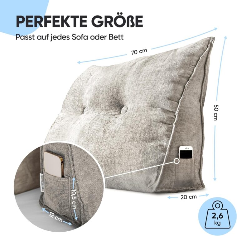 Björn&Schiller Ljusgrå ryggkudde, 70 cm, läskudde för säng och soffa, triangelkudde, ländryggskudde för säng, stor sänggavelkudde, med tvättbart överdrag - Bild 3