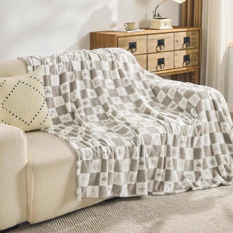EMME rutig filt queen size – 203 cm x 228 cm grå stickad filt mjuka fluffiga mönstrade filtar för soffa, stol, säng, camping, picknick, resor - Bild 9