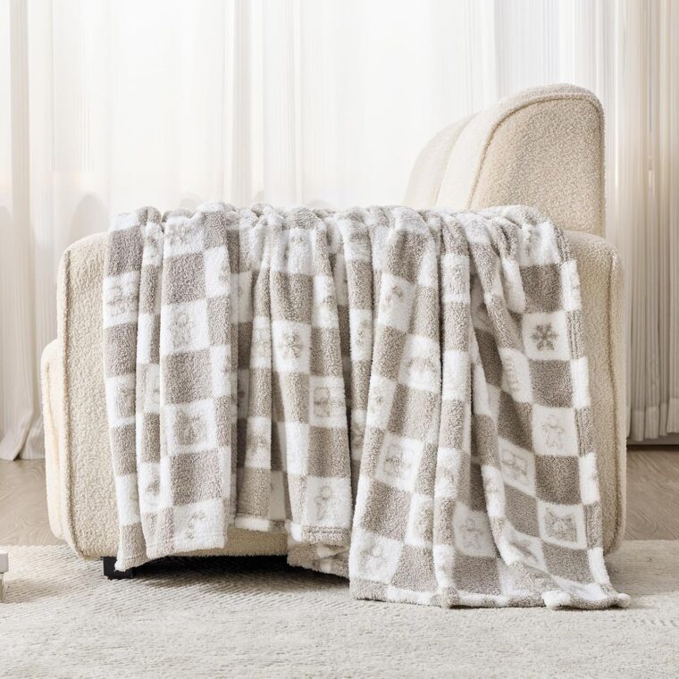 EMME rutig filt queen size – 203 cm x 228 cm grå stickad filt mjuka fluffiga mönstrade filtar för soffa, stol, säng, camping, picknick, resor - Bild 3