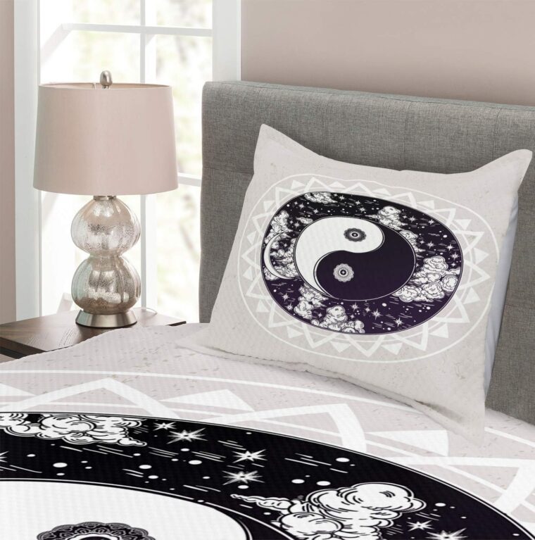 ABAKUHAUS Sängöverkast, fred, ying yang, bohemisk konst, dekorativt quiltat 2-delat överkastset med örngott, vit, beige - Bild 2